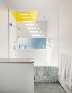 Natural light is an important factor in creating biophilic spaces. The primary bathroom of this house in Venice, California, sits deep in the plan but has three sources of natural light—a skylight, small window, and translucent glass wall shared with the kitchen. 