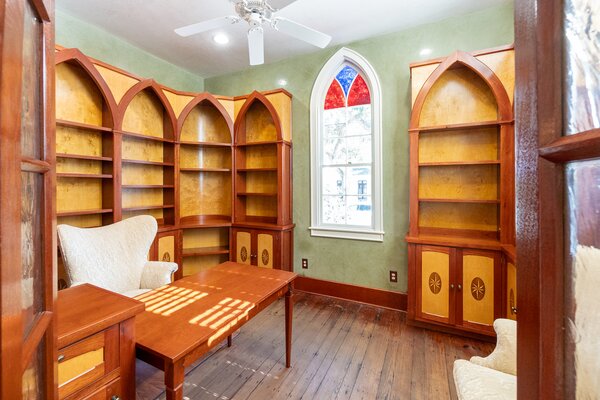 The residence also features a sun-filled library, complete with handcrafted bookshelves.